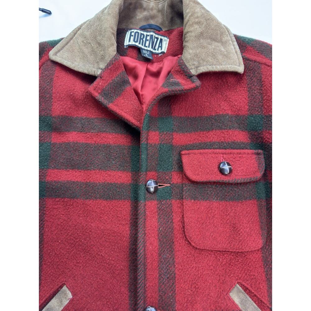 vtg‎ Forenza  Women's  4 Red plaid Wool Coat  80s/90s Wood Buttons Suede Collar - Picture 3 of 16